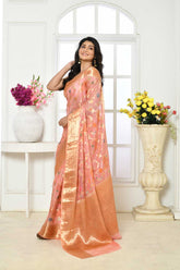 Peach Pure Kota Check Banarasi Handloom Saree With Meenakari Jaal